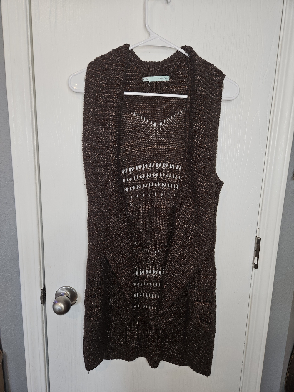 Maurices Brown Sleeveless Open-Knit Shawl Collar Cardigan